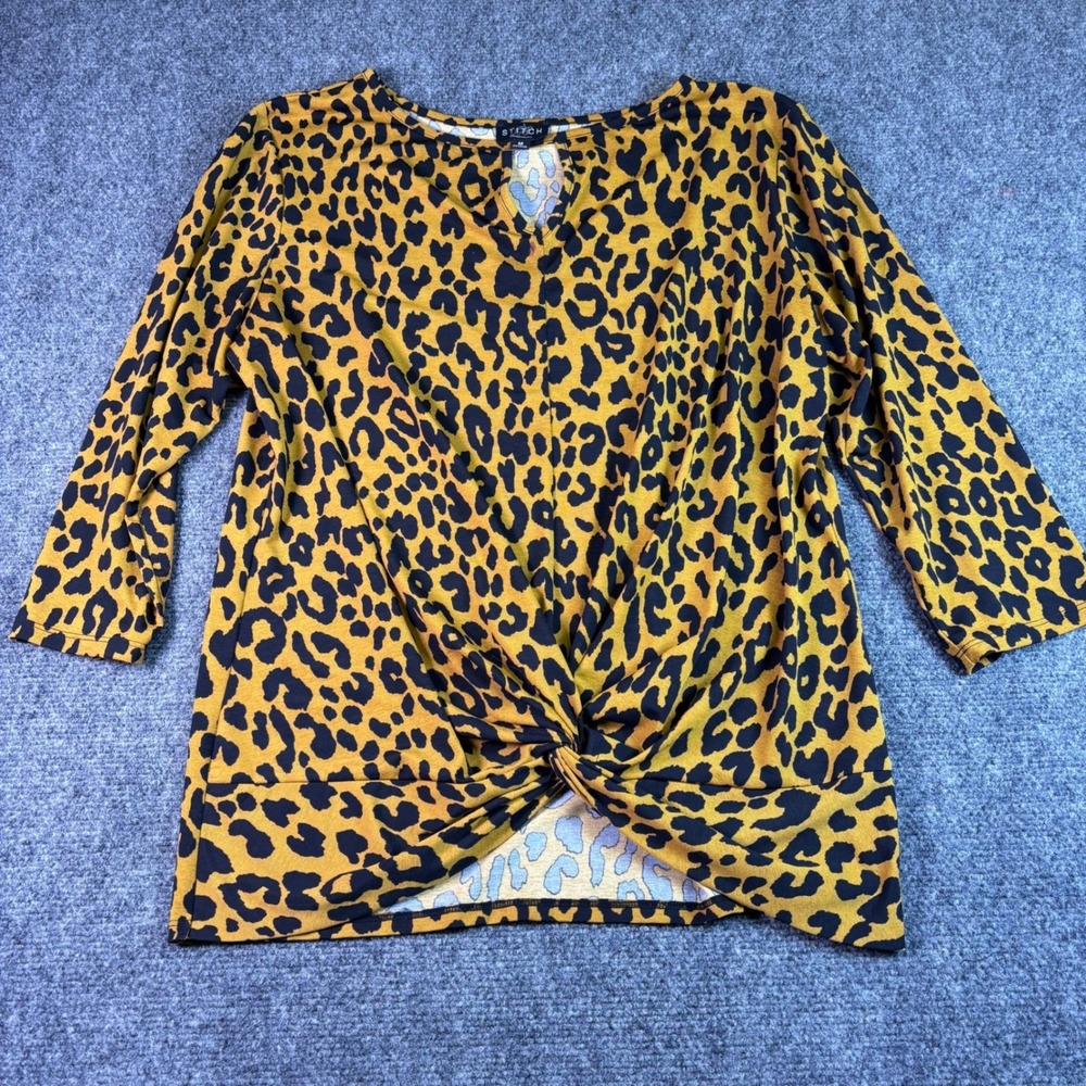 Stitch Collection Top Women M Yellow Leopard Print Twist Front Keyhole Blouse